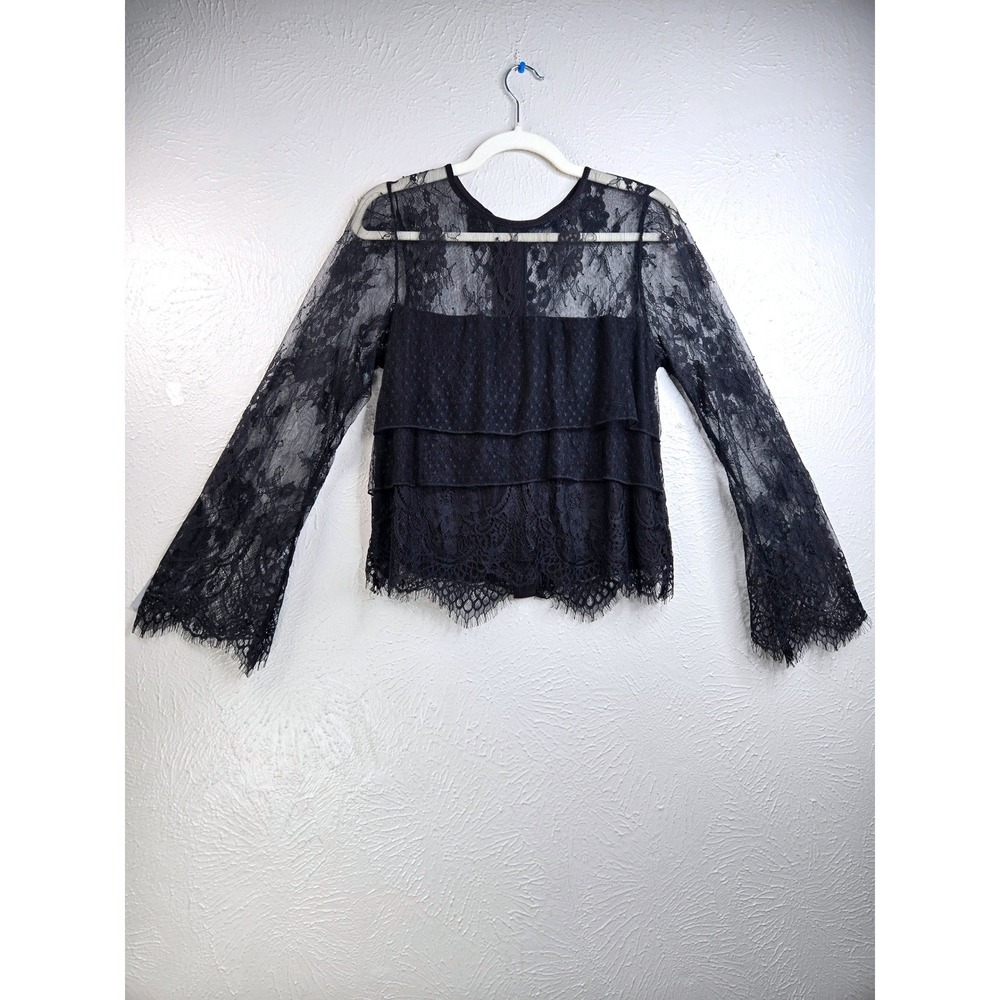 Whimsygoth Floral Sheer Lace Top M Black Tiered Bell Sleeve Dark Romantic Blouse